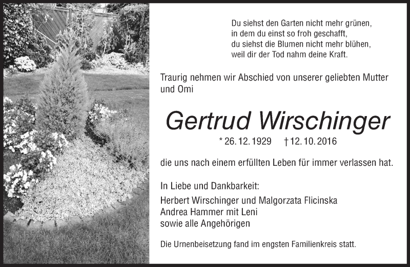  Traueranzeige für Gertrud Wirschinger vom 29.10.2016 aus Trauerportal Rhein Main Presse