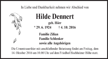 Traueranzeige von Hilde Dennert von Trauerportal Rhein Main Presse