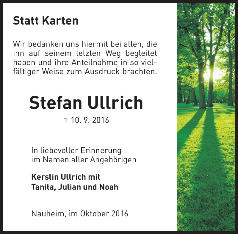  Traueranzeige für Stefan Ullrich vom 22.10.2016 aus Trauerportal Rhein Main Presse