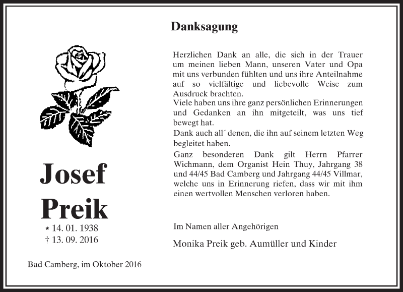  Traueranzeige für Josef Preik vom 06.10.2016 aus  Camberger Anzeiger