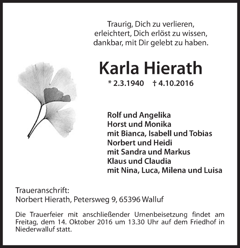  Traueranzeige für Karla Hierath vom 08.10.2016 aus Trauerportal Rhein Main Presse