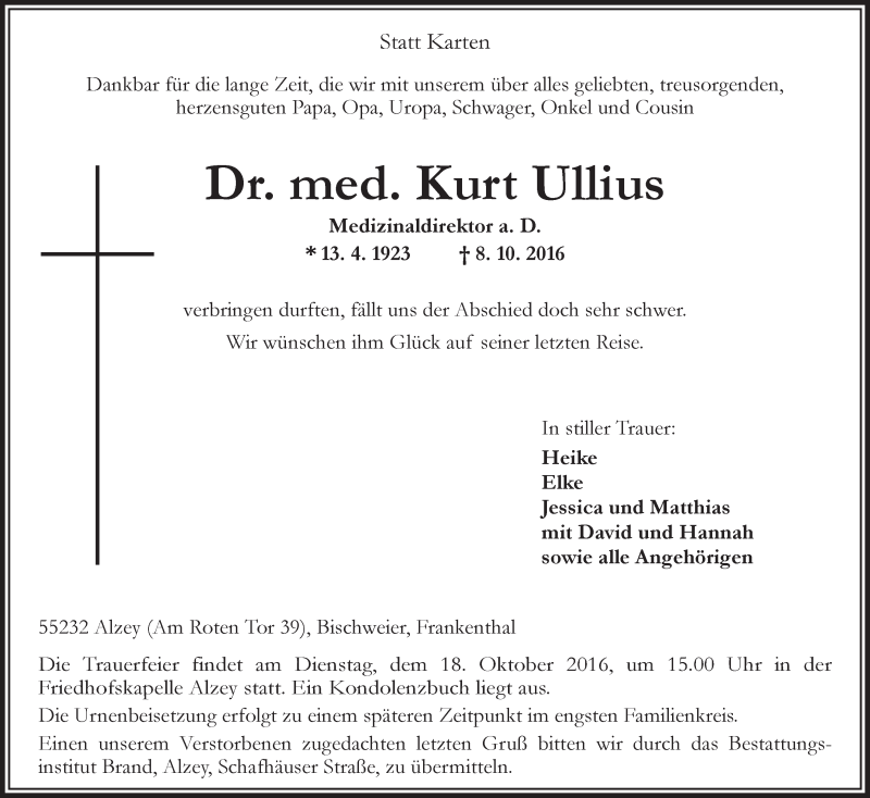  Traueranzeige für Kurt Ullius vom 11.10.2016 aus Trauerportal Rhein Main Presse