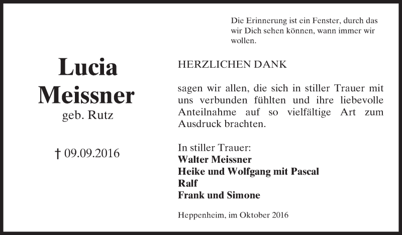  Traueranzeige für Lucia Meissner vom 14.10.2016 aus Trauerportal Rhein Main Presse