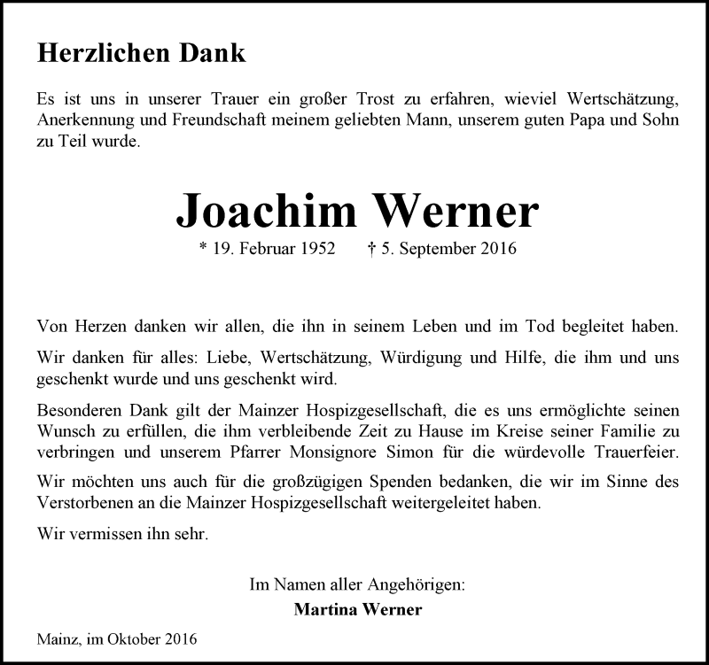  Traueranzeige für Joachim Werner vom 08.10.2016 aus Trauerportal Rhein Main Presse