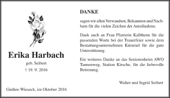Traueranzeige von Erika Harbach von  Gießener Anzeiger
