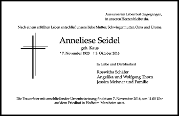 Traueranzeige von Anneliese Seidel von Trauerportal Rhein Main Presse