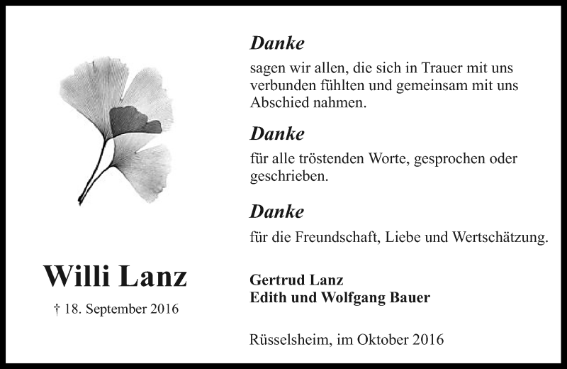  Traueranzeige für Willi Lanz vom 08.10.2016 aus Trauerportal Rhein Main Presse