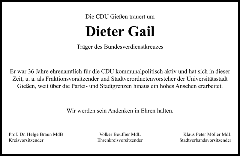  Traueranzeige für Dieter Gail vom 29.10.2016 aus  Gießener Anzeiger