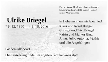 Traueranzeige von Ulrike Briegel von  Gießener Anzeiger