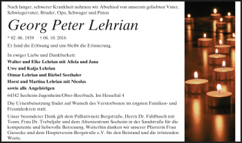 Traueranzeige von Georg Peter Lehrian von Trauerportal Echo Online