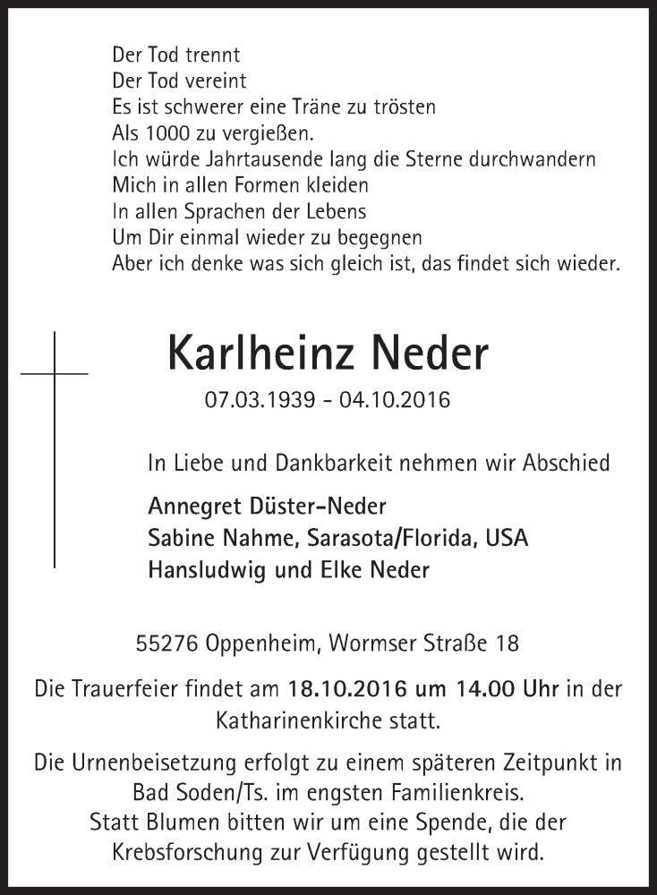  Traueranzeige für Karlheinz Neder vom 12.10.2016 aus Trauerportal Rhein Main Presse