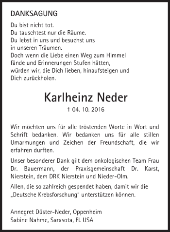 Traueranzeige von Karlheinz Neder von Trauerportal Rhein Main Presse