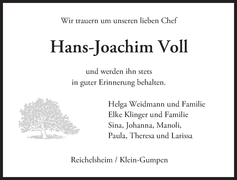 Traueranzeige für Hans-Joachim Voll vom 20.10.2016 aus Trauerportal Echo Online