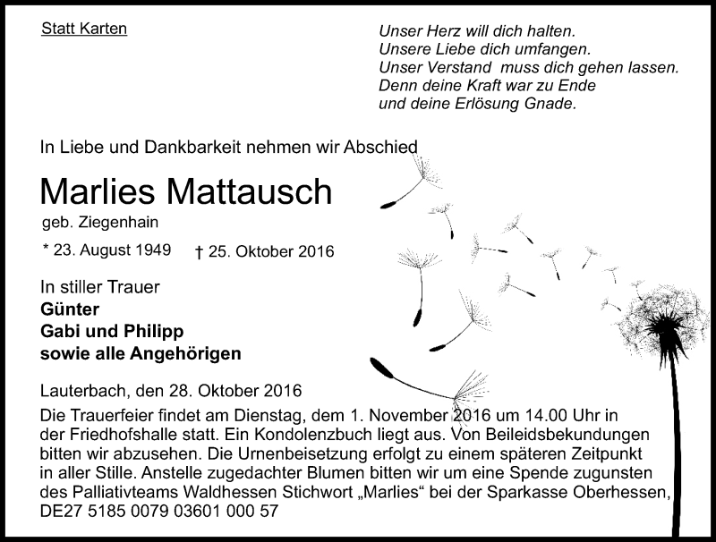  Traueranzeige für Marlies Mattausch vom 28.10.2016 aus VRM Trauer