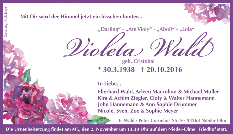  Traueranzeige für Violeta Wald vom 29.10.2016 aus Trauerportal Rhein Main Presse
