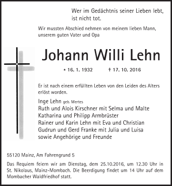 Traueranzeige von Johann Willi Lehn von Trauerportal Rhein Main Presse