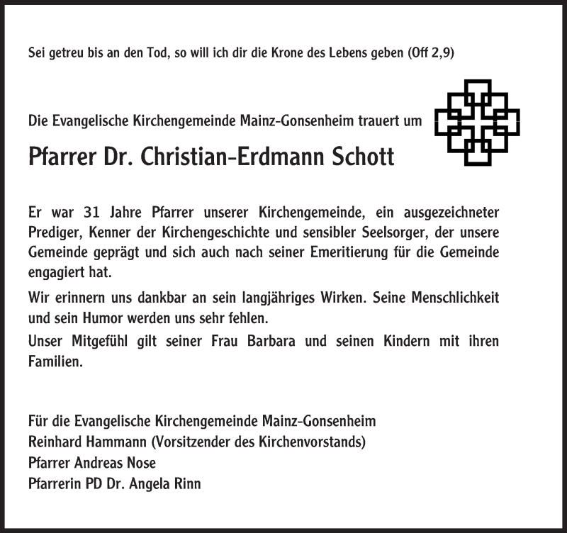 Traueranzeige für Christian-Erdmann Schott vom 29.10.2016 aus Trauerportal Rhein Main Presse