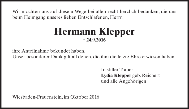  Traueranzeige für Hermann Klepper vom 15.10.2016 aus Trauerportal Rhein Main Presse
