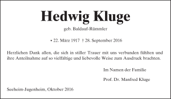 Traueranzeige von Hedwig Kluge von Trauerportal Echo Online