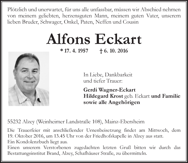  Traueranzeige für Alfons Eckart vom 08.10.2016 aus Trauerportal Rhein Main Presse