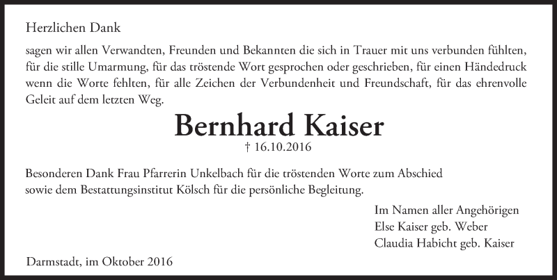  Traueranzeige für Bernhard Kaiser vom 29.10.2016 aus Trauerportal Echo Online