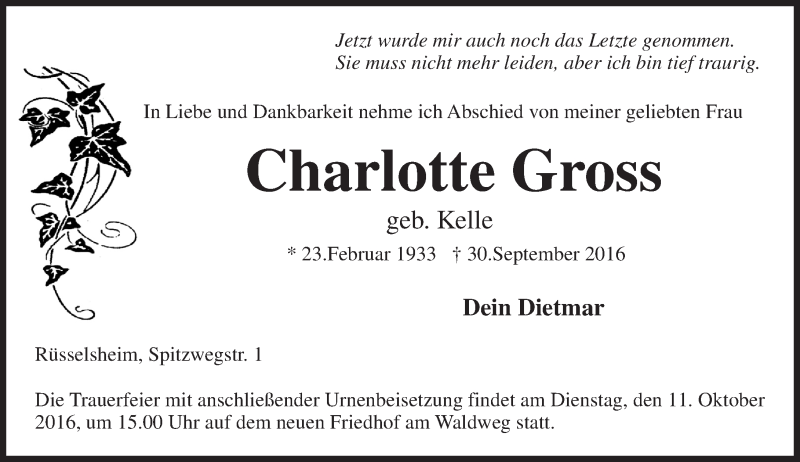  Traueranzeige für Charlotte Gross vom 08.10.2016 aus Trauerportal Rhein Main Presse