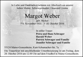 Traueranzeige von Margot Weber von Trauerportal Rhein Main Presse