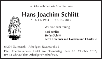 Traueranzeige von Hans Joachim Schlitt von Trauerportal Echo Online