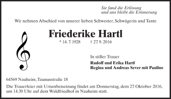 Traueranzeige von Friederike Hartl von Trauerportal Rhein Main Presse