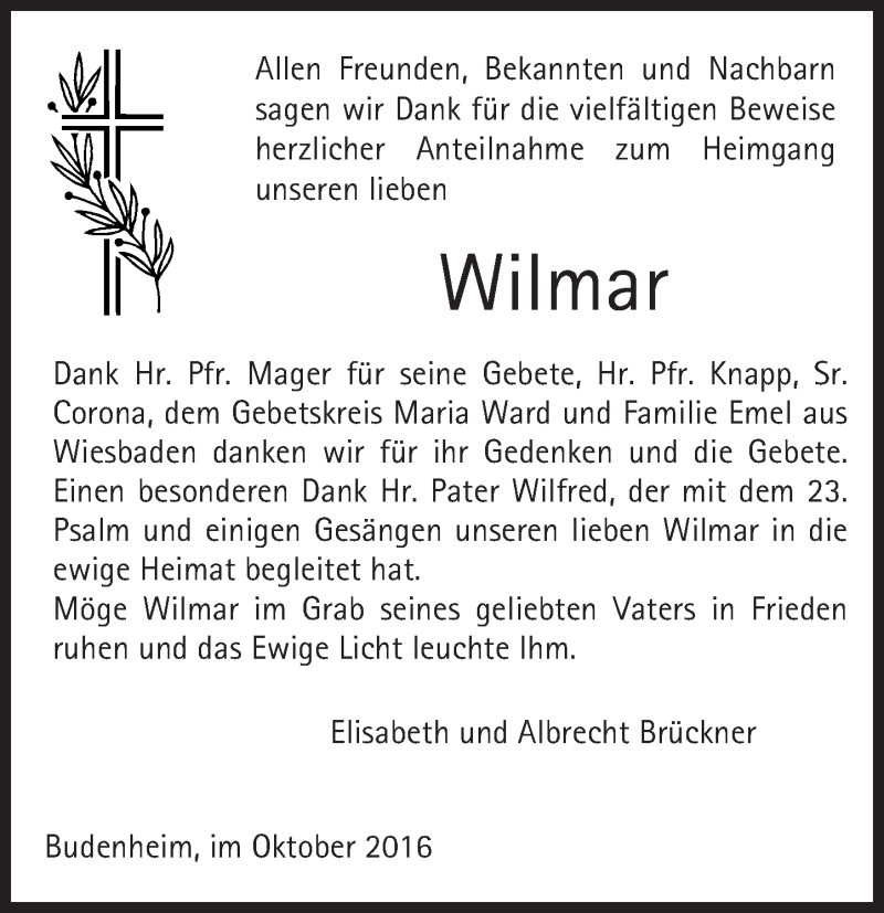  Traueranzeige für Wilmar Brückner vom 29.10.2016 aus Trauerportal Rhein Main Presse