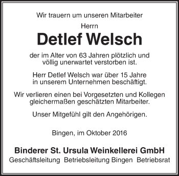 Traueranzeige von Detlef Welsch von Trauerportal Rhein Main Presse