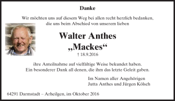 Traueranzeige von Walter Anthes von Trauerportal Echo Online