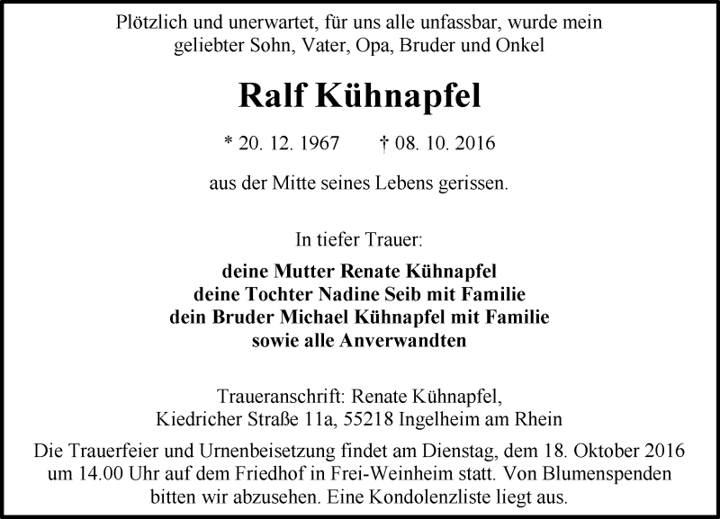  Traueranzeige für Ralf Kühnapfel vom 15.10.2016 aus Trauerportal Rhein Main Presse
