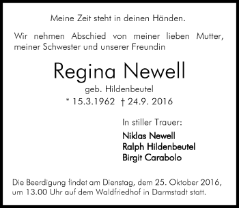 Traueranzeige von Regina Newell von Trauerportal Echo Online