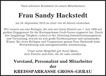 Traueranzeige von Sandy Hackstedt von Trauerportal Echo Online