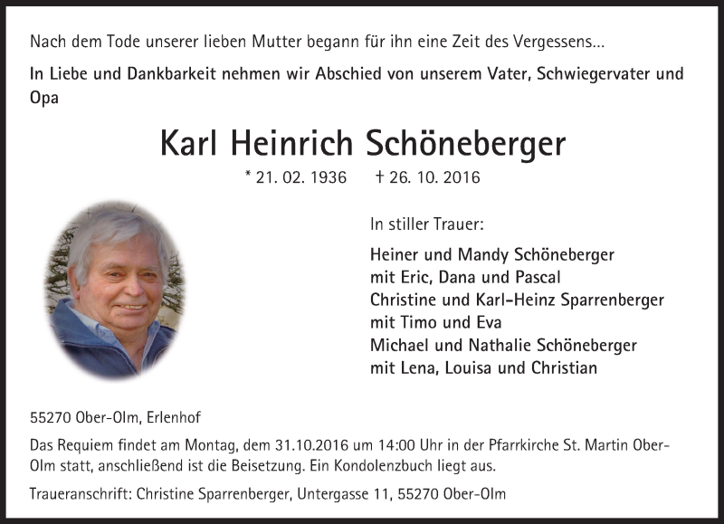  Traueranzeige für Karl Heinrich Schöneberger vom 29.10.2016 aus Trauerportal Rhein Main Presse