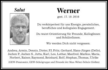 Traueranzeige von Werner  von  Gießener Anzeiger