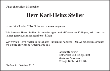 Traueranzeige von Karl-Heinz Steller von  Gießener Anzeiger