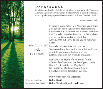 Traueranzeige von Hans Günther Röß von Trauerportal Rhein Main Presse