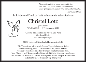 Traueranzeige von Christel Lotz von  Usinger Anzeiger