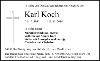 Traueranzeige von Karl Koch von Trauerportal Echo Online