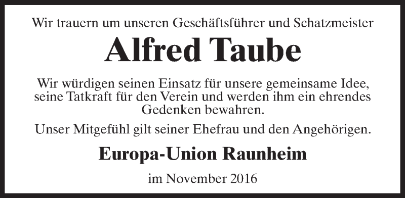  Traueranzeige für Alfred Taube vom 12.11.2016 aus Trauerportal Rhein Main Presse