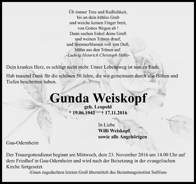  Traueranzeige für Gunda Weiskopf vom 21.11.2016 aus Trauerportal Rhein Main Presse
