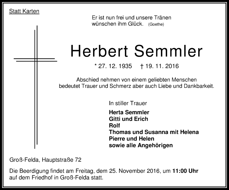  Traueranzeige für Herbert Semmler vom 22.11.2016 aus VRM Trauer