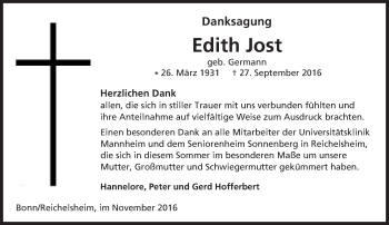 Traueranzeige von Edith Jost von Trauerportal Echo Online
