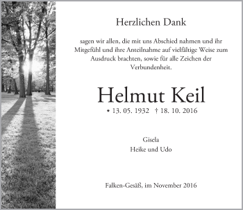 Traueranzeige von Helmut Keil von Trauerportal Echo Online