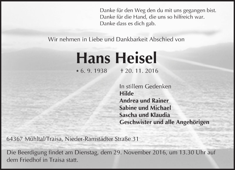 Traueranzeige für Hans Heisel vom 26.11.2016 aus Trauerportal Echo Online