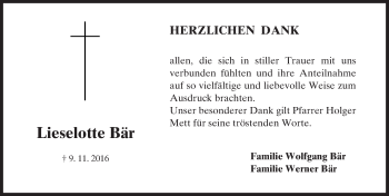 Traueranzeige von Lieselotte Bär von Trauerportal Echo Online