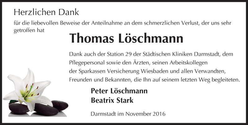  Traueranzeige für Thomas Löschmann vom 05.11.2016 aus Trauerportal Echo Online