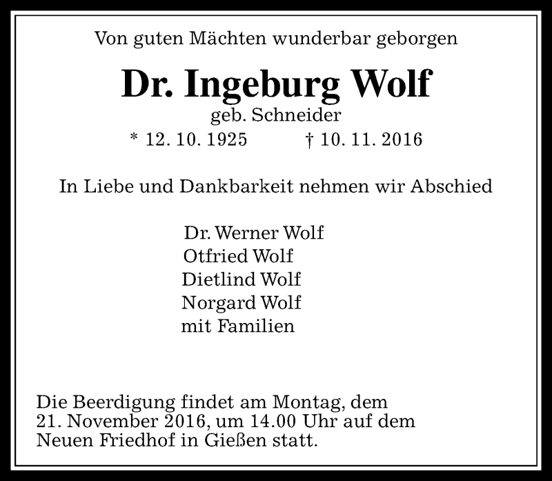  Traueranzeige für Ingeburg Wolf vom 17.11.2016 aus  Gießener Anzeiger